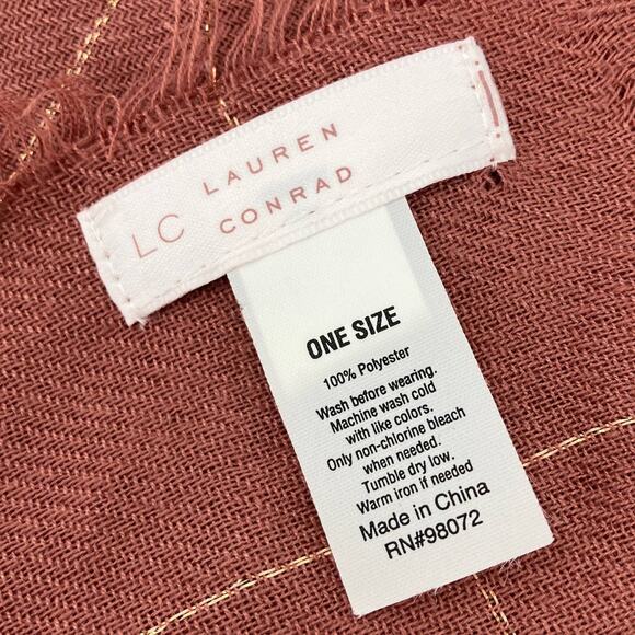 LC Lauren Conrad Dusty Rose Pink Metallic Gold Plaid Lightweight Fringe Scarf - Picture 2 of 6
